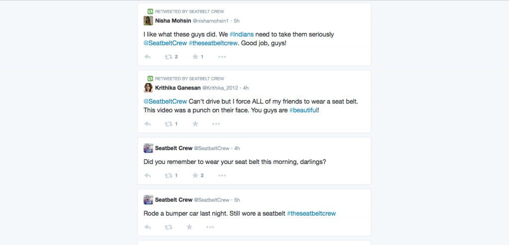APPROVED: Responses and retweets left on The Seatbelt Crew's Twitter page.