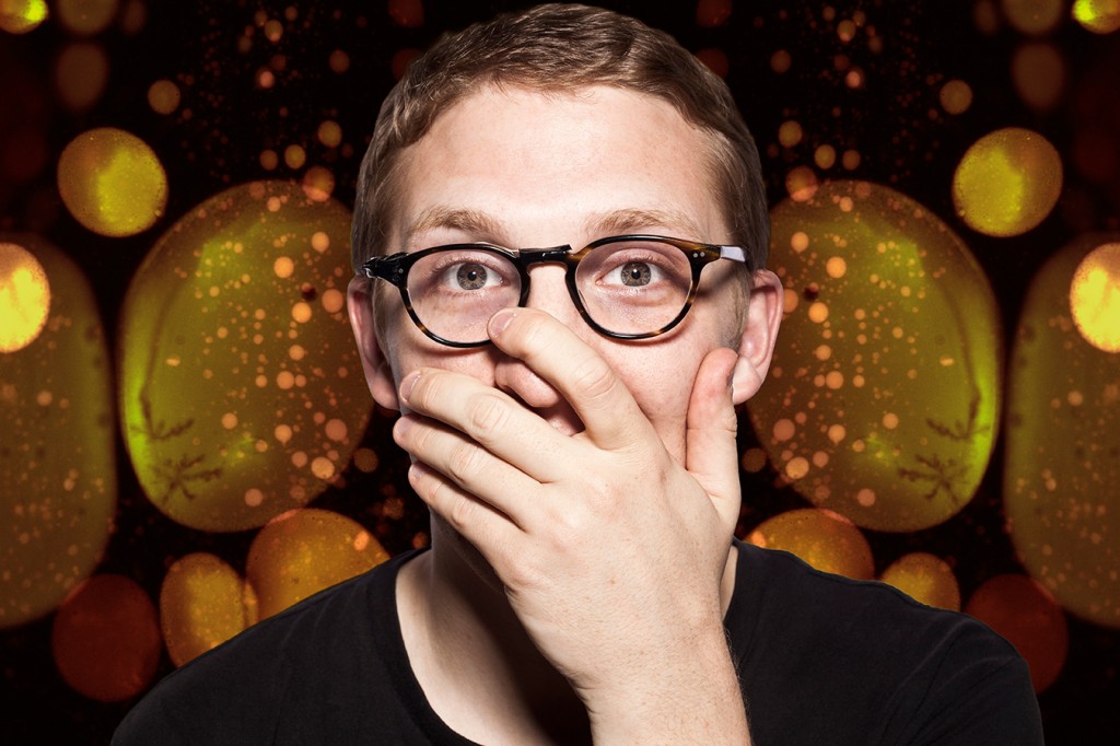 PAIN AND GAIN: Sam Shepherd aka Floating Points, covering his crooked teeth and showing his make-shift spectacles.