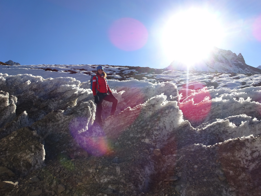 Christine Armour-Levar crossing a glacier on the  way to the Ngula Dhojyang Pass