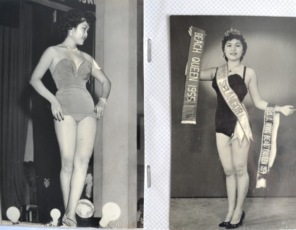 Tai Ma modelling a swimsuit. On the right is one of her sisters, who won other beauty pageants.