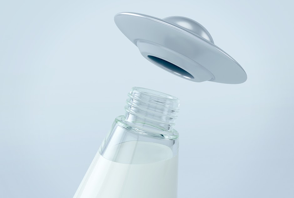 The cap of the milk bottle emulates a spaceship