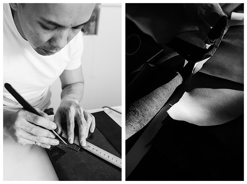 Left, Roy carefully measures the length of the leather required; Right, his leathers sourced from Tokyo to France