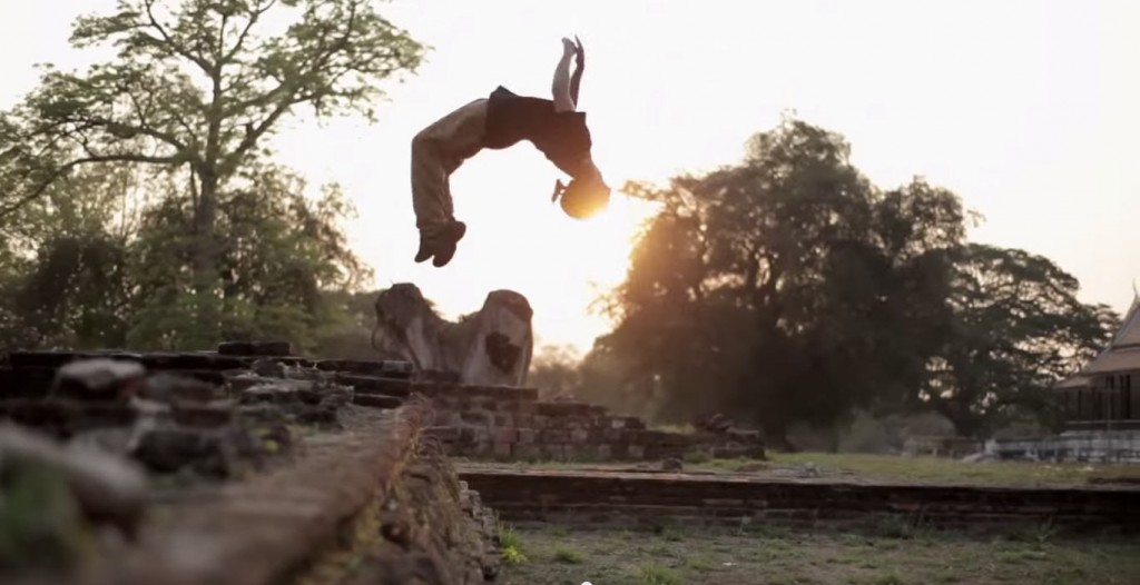 GRAVITY: Anan Anwar flipping at the Chaiwatthanaram Temple.