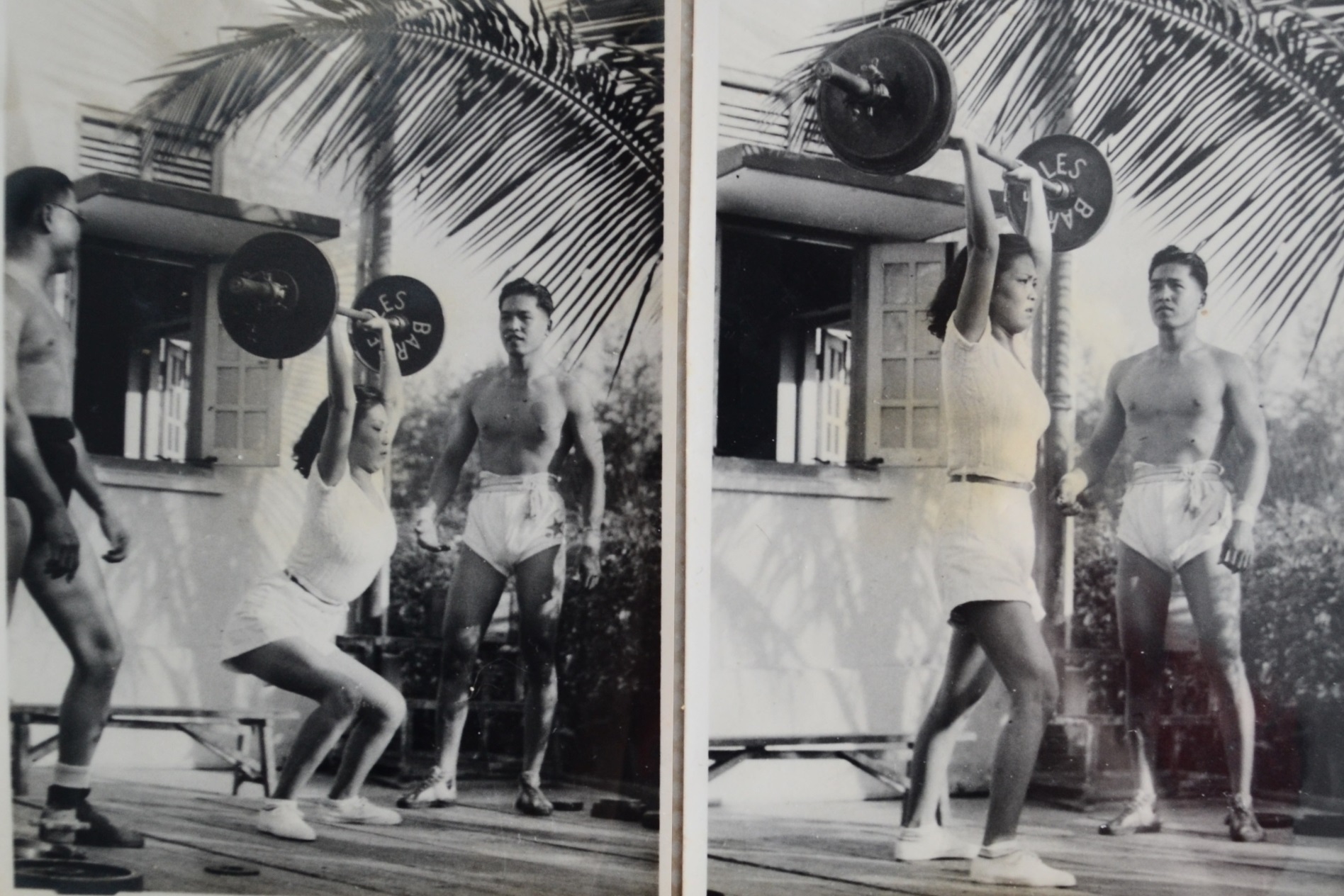 Madam Ho Lye Toh pictured weight lifting under the guidance of her brother (extreme right). She was thrust into the beauty pageant world by her father, who signed her up for Miss Singapore under the guise of a weight lifting demonstration.